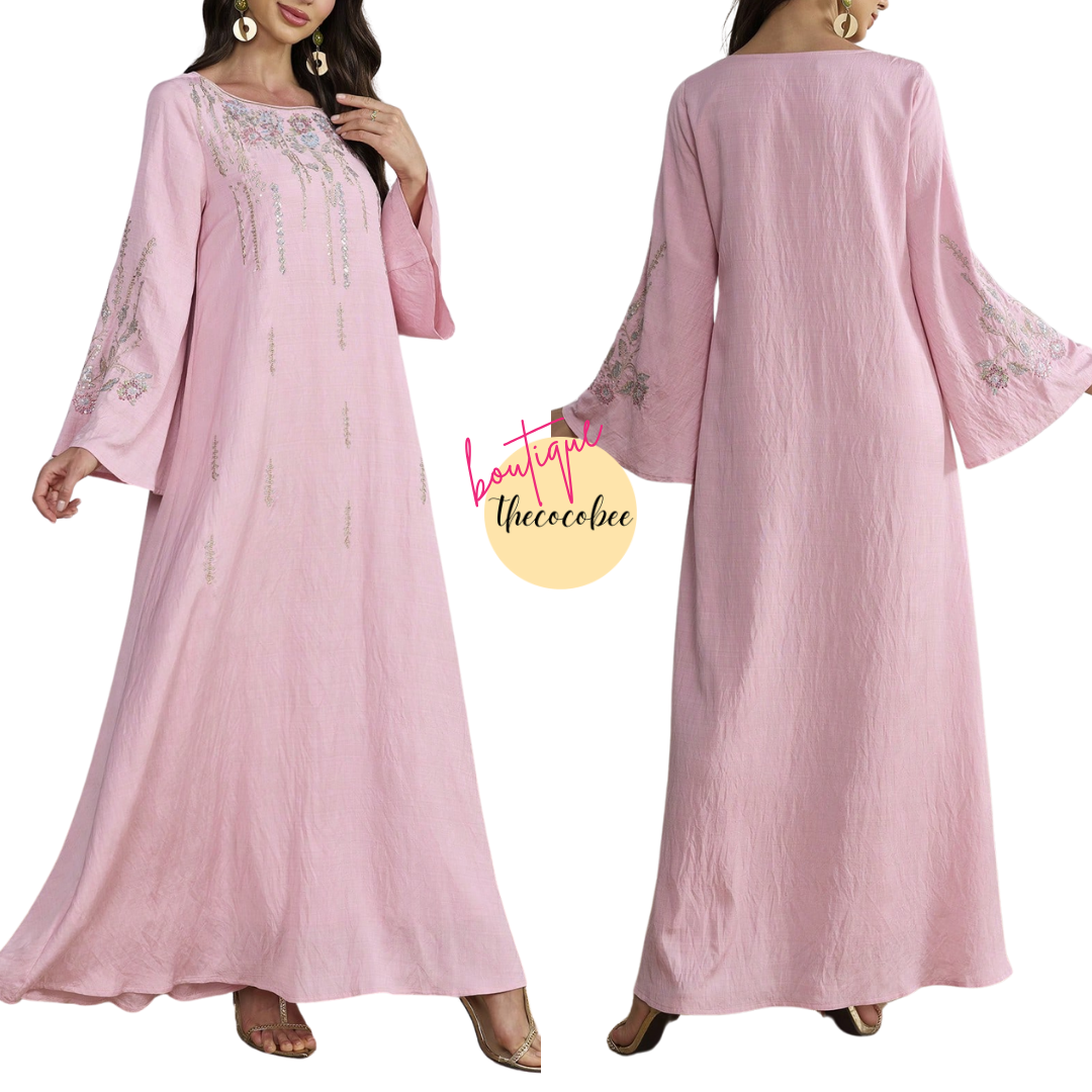 #140 Pink Embroidered Woven Fabric Dress With Scoop Neckline And Wrist-Length Sleeves, Perfect For An Elegant Look