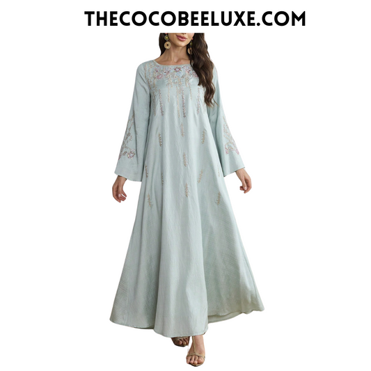 #140 Mint Green Elegant Flower Embroidery Flared Sleeve Loose Dress
