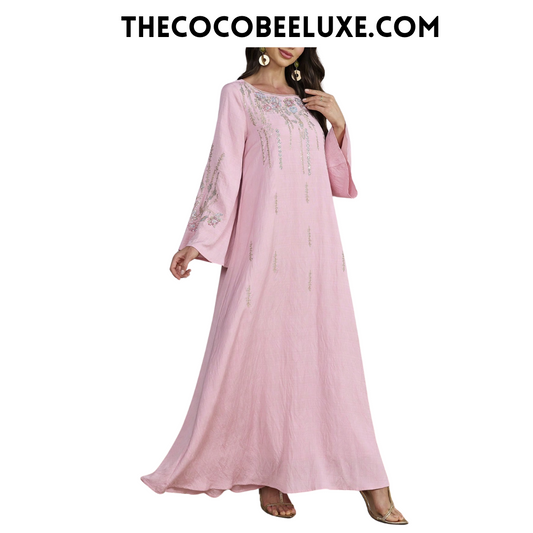 #140 Pink Embroidered Woven Fabric Dress With Scoop Neckline And Wrist-Length Sleeves, Perfect For An Elegant Look