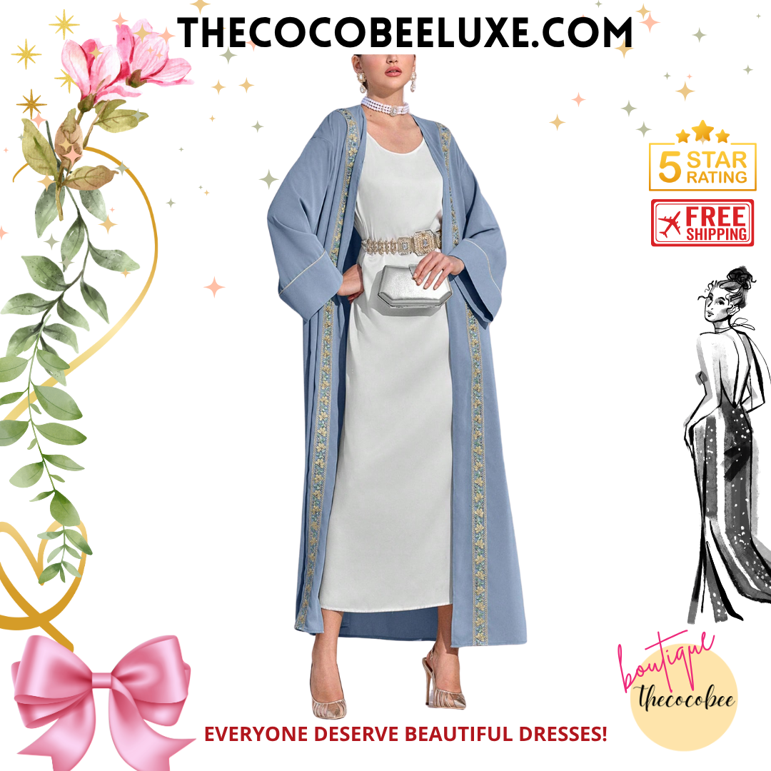 #141 Blue Floral Patchwork Sash Long Sleeve Abaya Cardigan