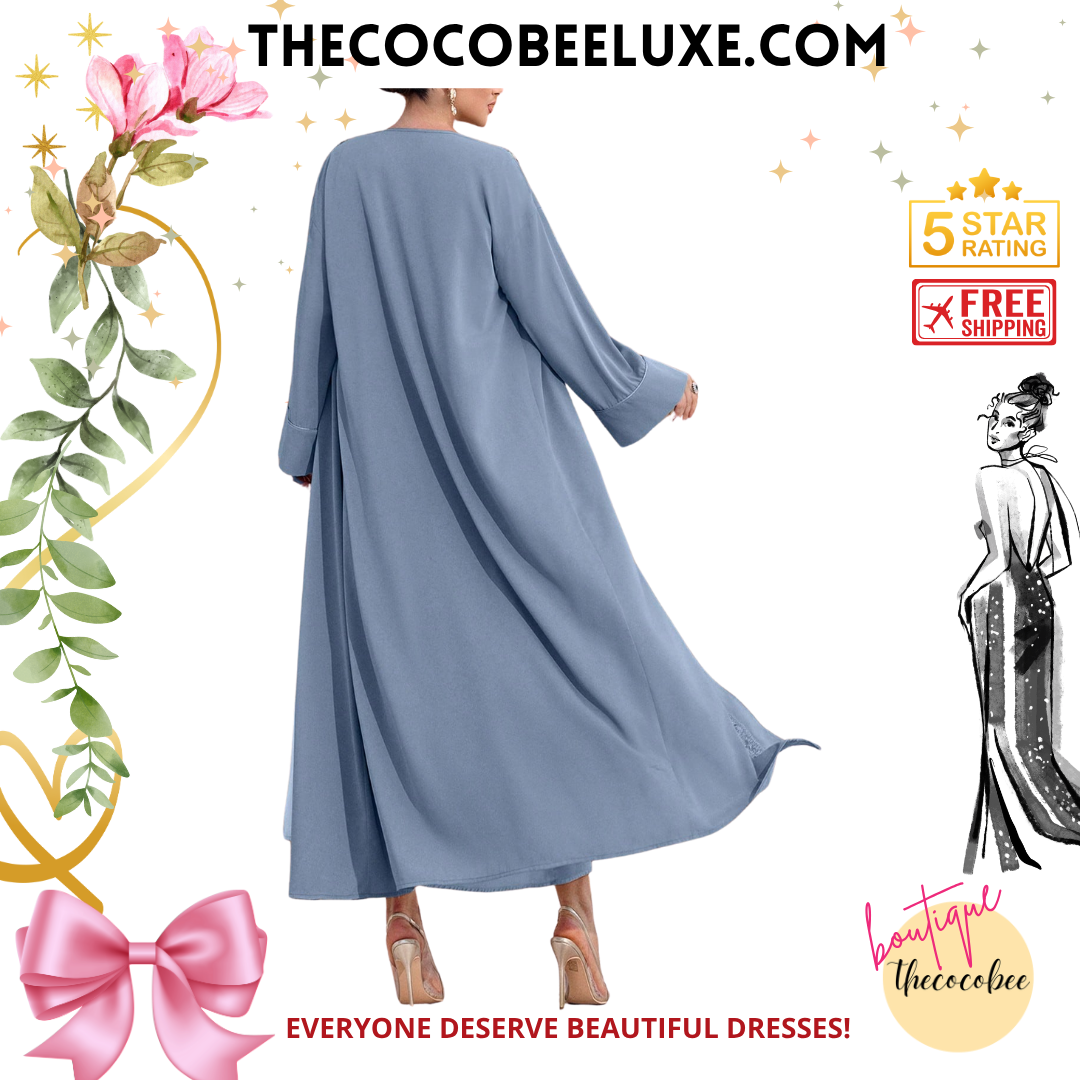 #141 Blue Floral Patchwork Sash Long Sleeve Abaya Cardigan