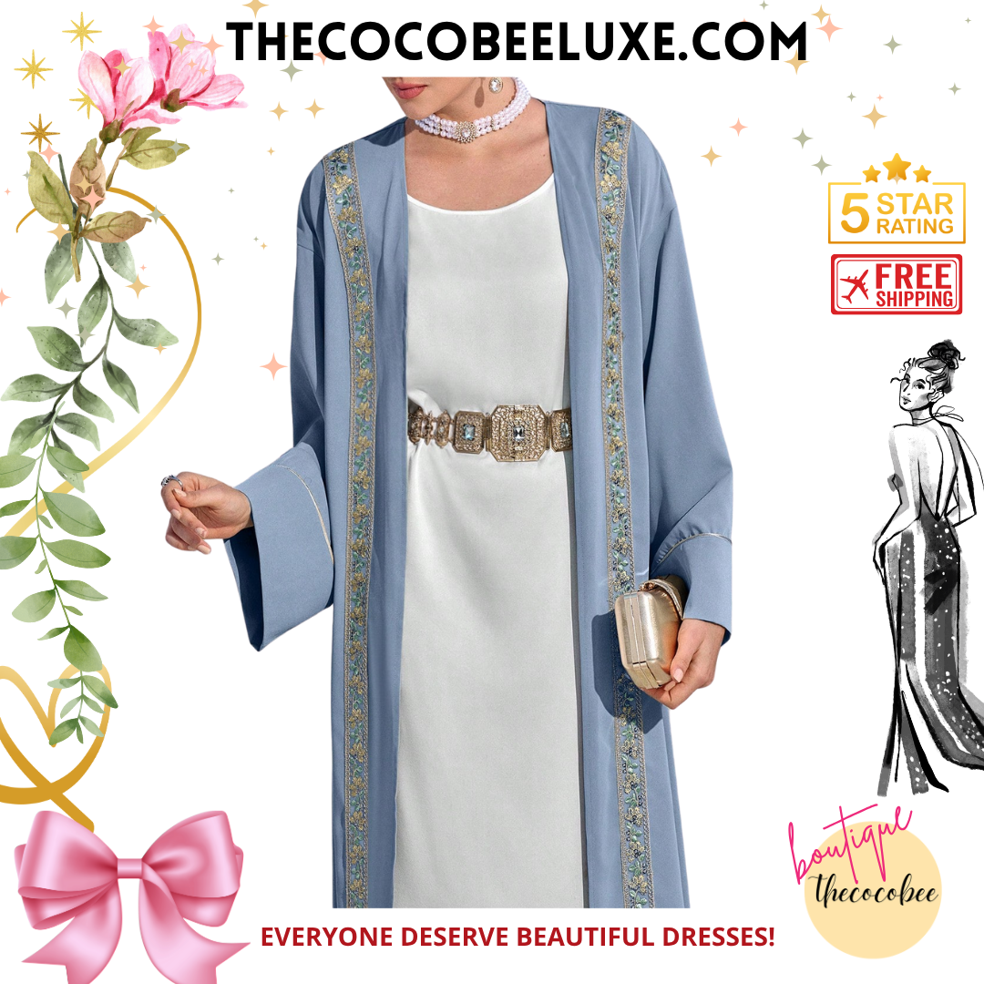 #141 Blue Floral Patchwork Sash Long Sleeve Abaya Cardigan