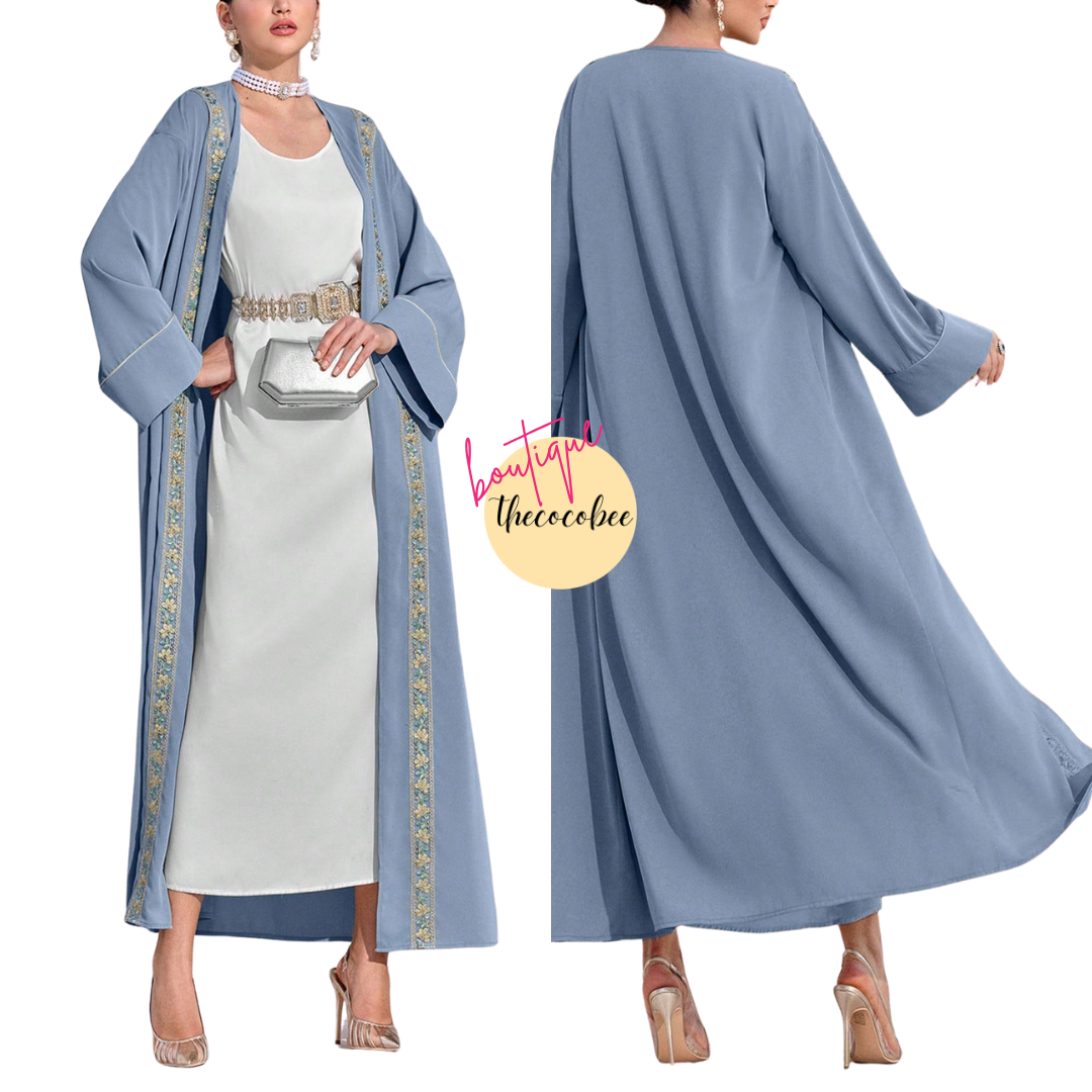 #141 Blue Floral Patchwork Sash Long Sleeve Abaya Cardigan