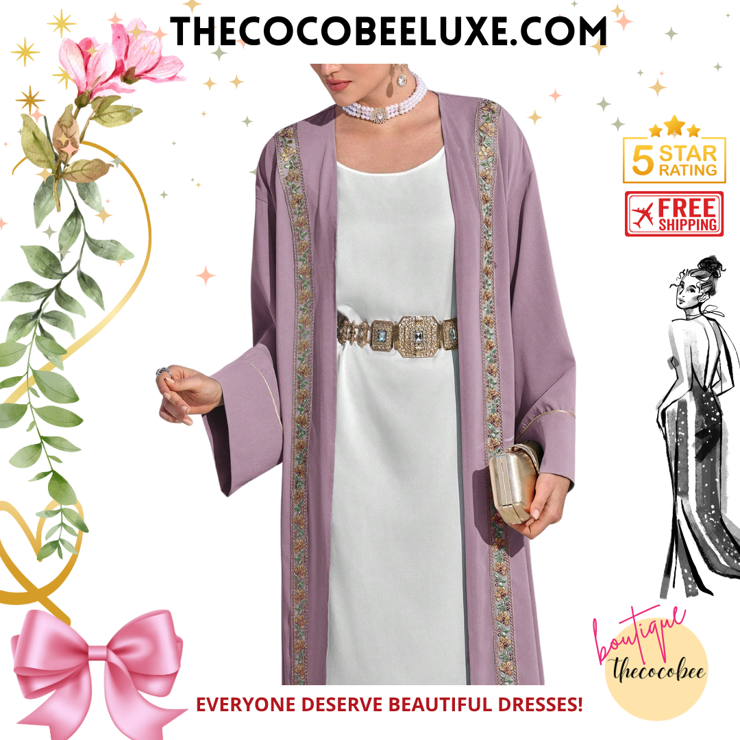 #141 Dusty Pink Elegant Arabic Abaya Robe With Embroidered Trim