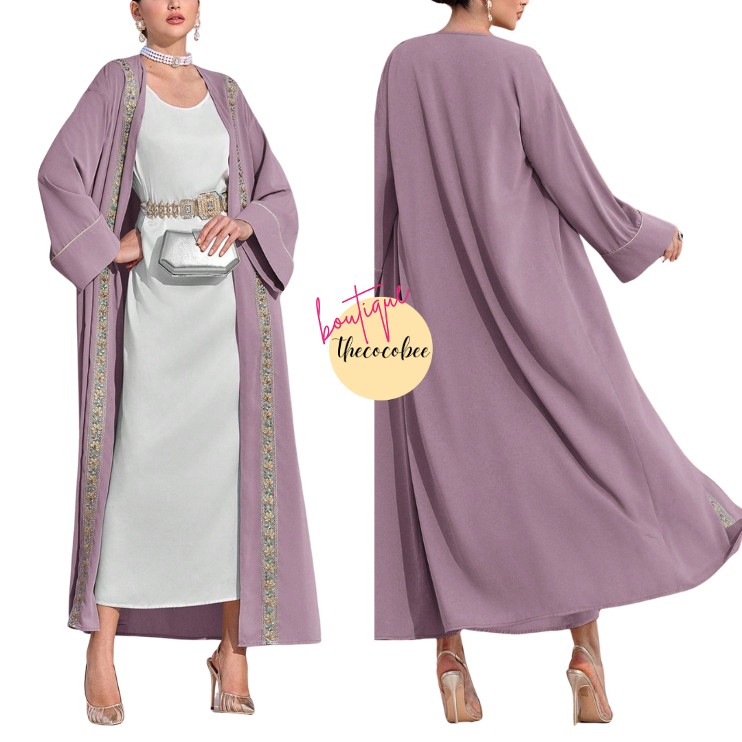 #141 Dusty Pink Elegant Arabic Abaya Robe With Embroidered Trim
