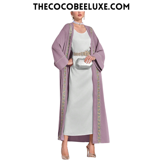 #141 Dusty Pink Elegant Arabic Abaya Robe With Embroidered Trim