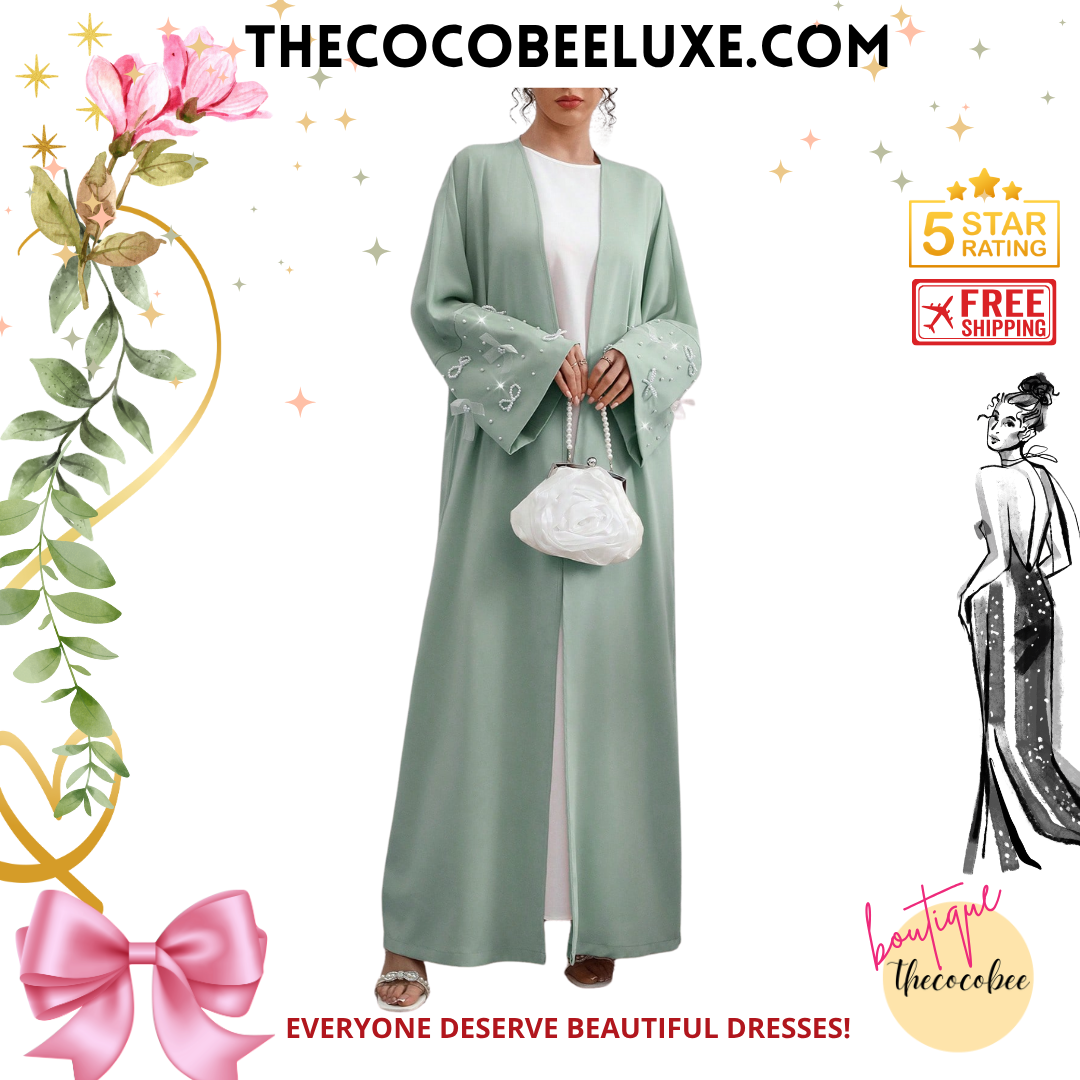 #142 Green Long Sleeve Elegant Arabic Style Abaya With Faux Pearl & Bow Decor