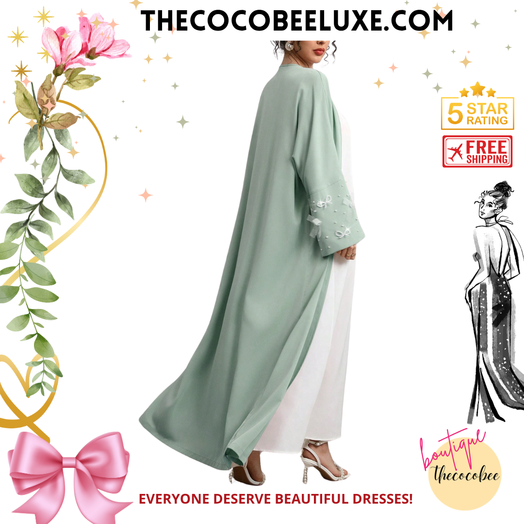 #142 Green Long Sleeve Elegant Arabic Style Abaya With Faux Pearl & Bow Decor