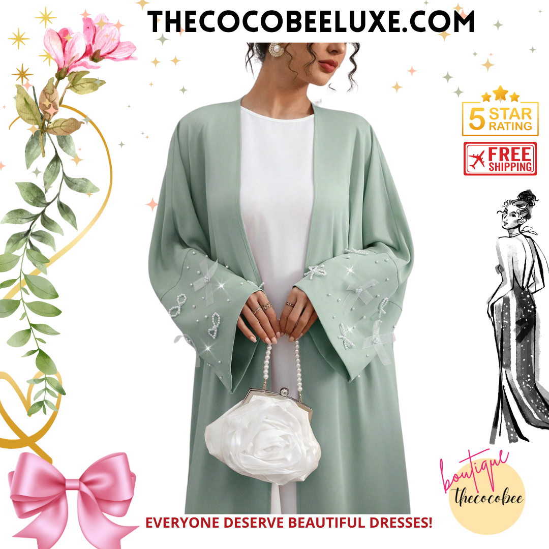 #142 Green Long Sleeve Elegant Arabic Style Abaya With Faux Pearl & Bow Decor