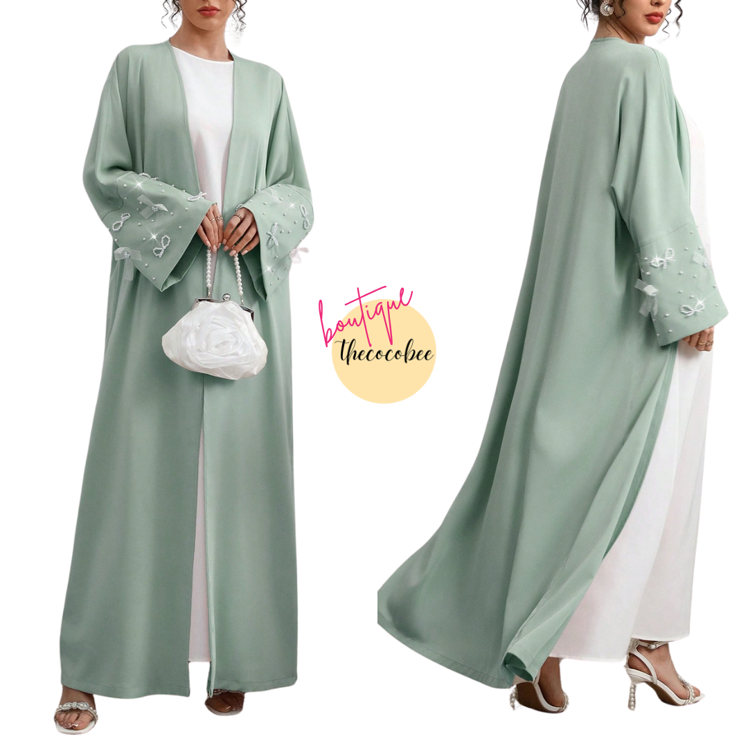 #142 Green Long Sleeve Elegant Arabic Style Abaya With Faux Pearl & Bow Decor