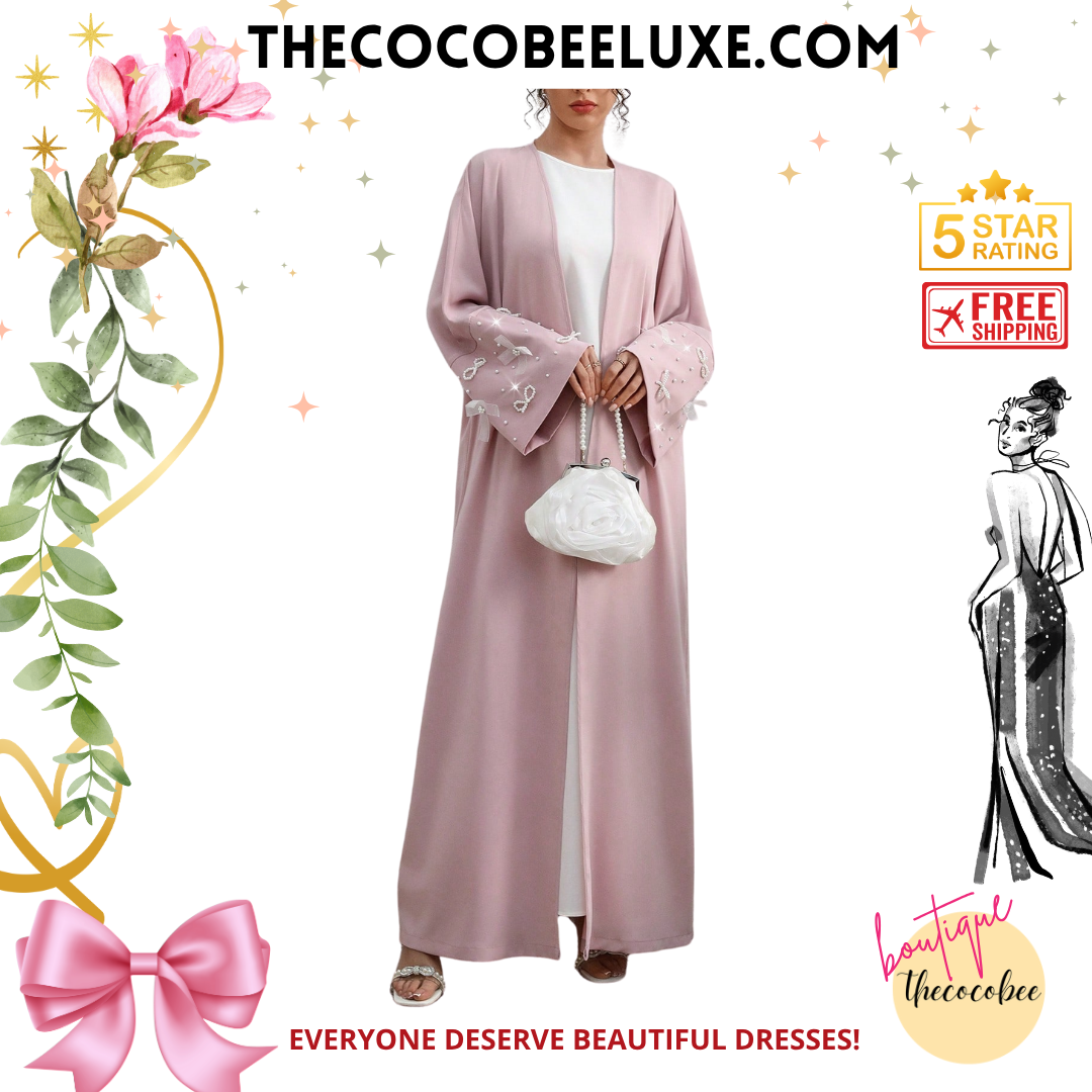 #142 Pink Long Sleeve Arab Abaya Outwear With Bow Cuff And Faux Pearl Decor