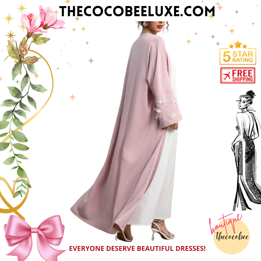 #142 Pink Long Sleeve Arab Abaya Outwear With Bow Cuff And Faux Pearl Decor