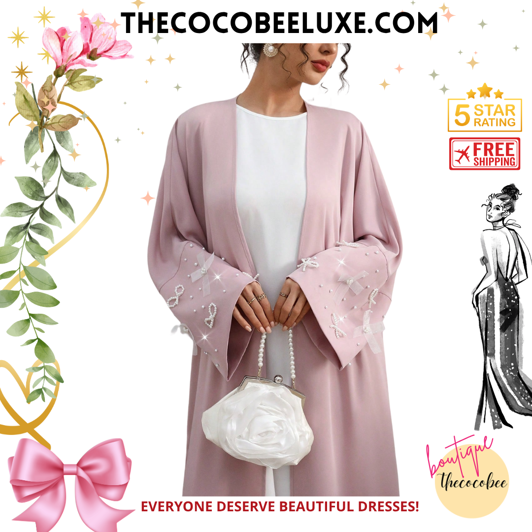 #142 Pink Long Sleeve Arab Abaya Outwear With Bow Cuff And Faux Pearl Decor
