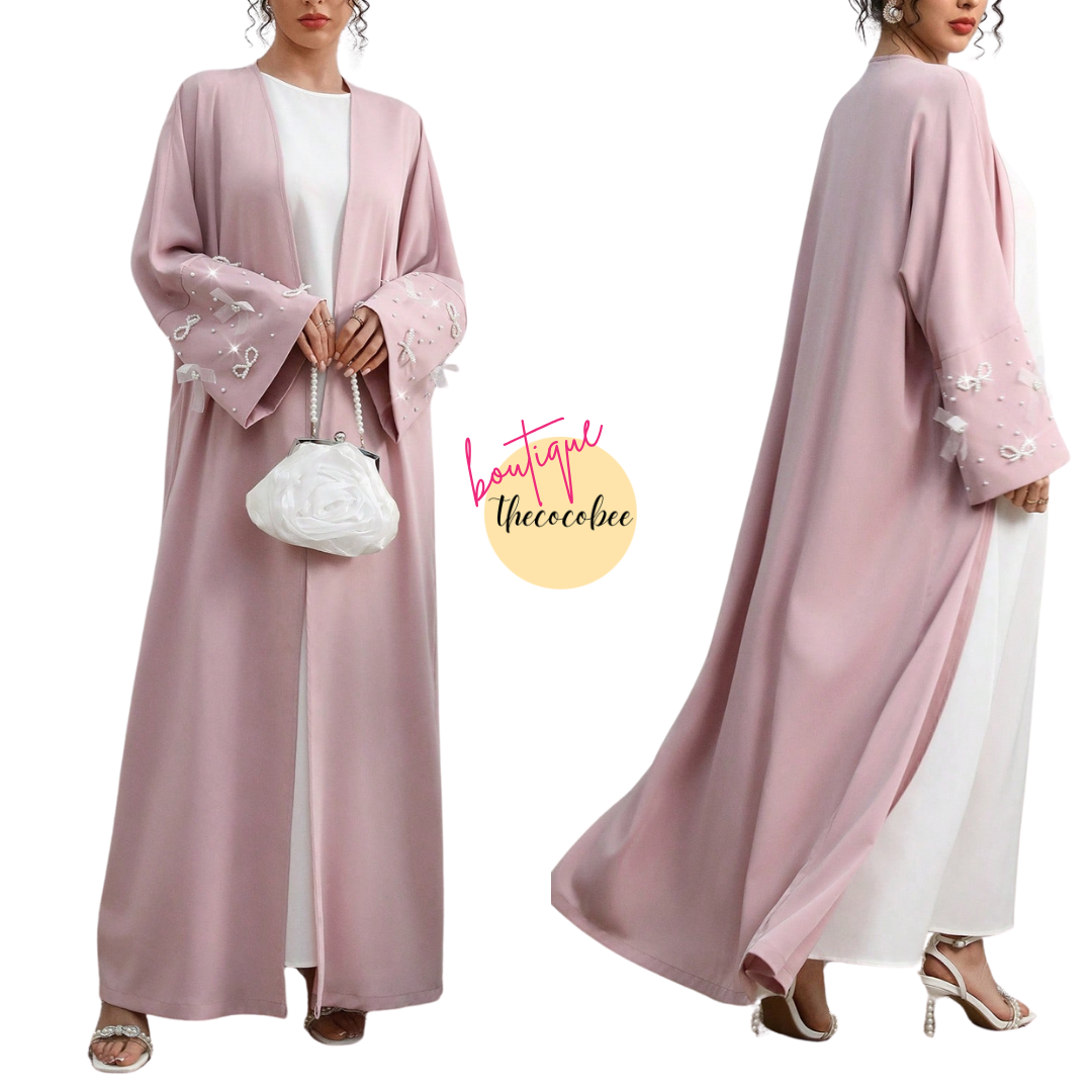 #142 Pink Long Sleeve Arab Abaya Outwear With Bow Cuff And Faux Pearl Decor