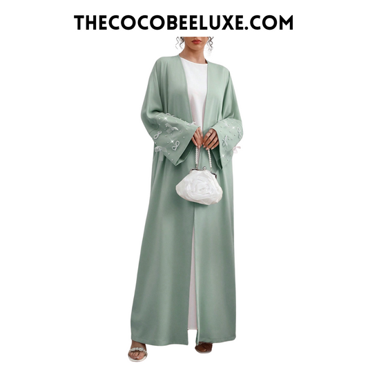 #142 Green Long Sleeve Elegant Arabic Style Abaya With Faux Pearl & Bow Decor