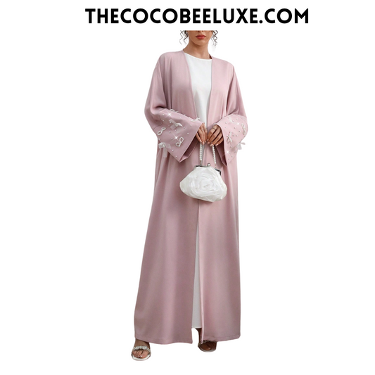 #142 Pink Long Sleeve Arab Abaya Outwear With Bow Cuff And Faux Pearl Decor