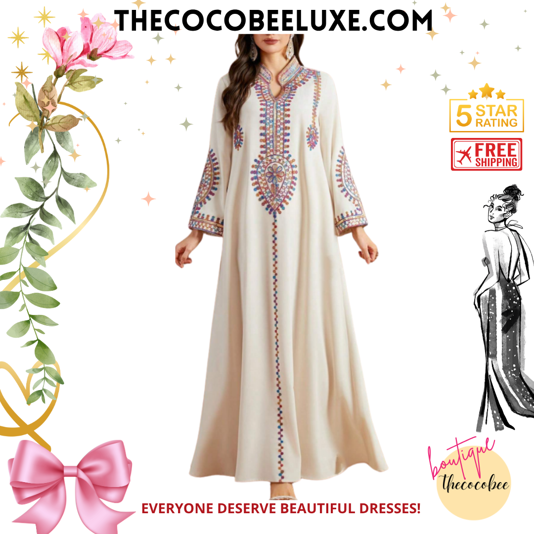 #143 Apricot Vintage Floral Embroidery Sequins Drawstring V-Neck Long Sleeve Long Dress, Spring/Summer