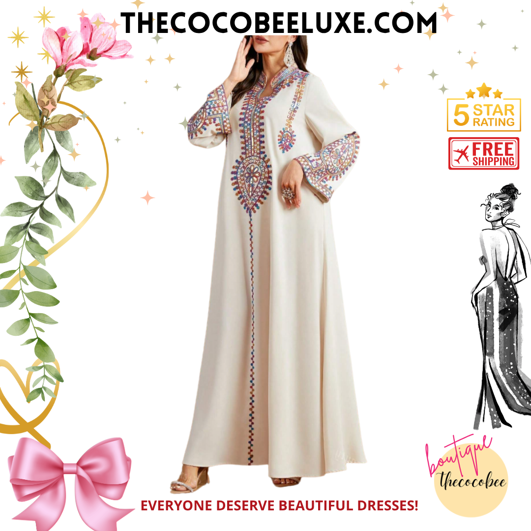 #143 Apricot Vintage Floral Embroidery Sequins Drawstring V-Neck Long Sleeve Long Dress, Spring/Summer