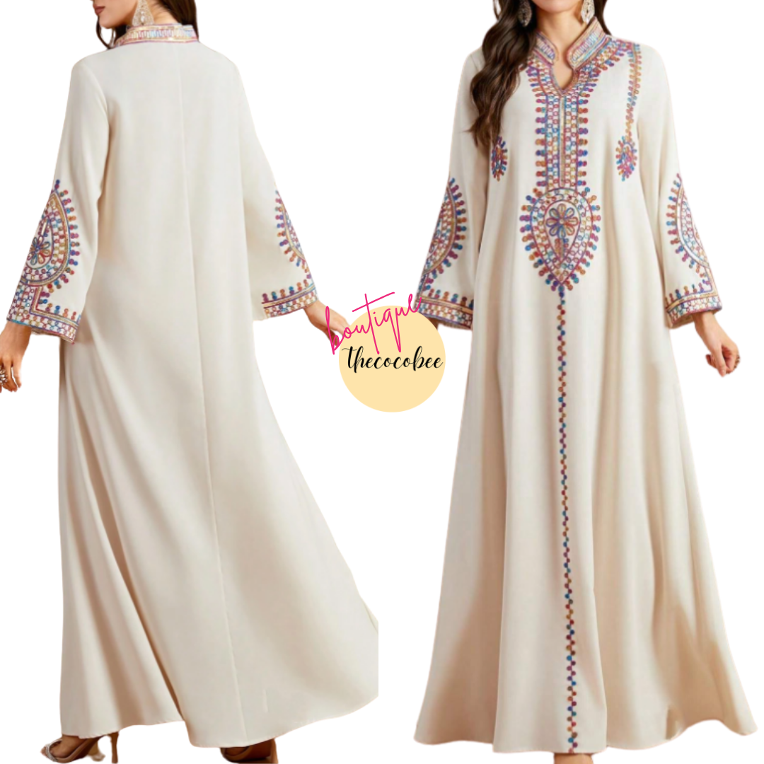 #143 Apricot Vintage Floral Embroidery Sequins Drawstring V-Neck Long Sleeve Long Dress, Spring/Summer