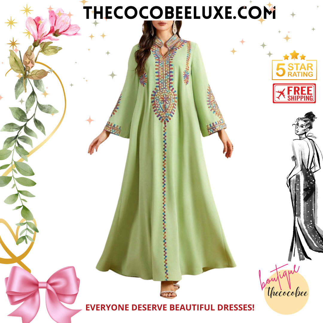 #143 Green Vintage V-Neck Sequins Embroidery Rope Tie Long Sleeve Dress, Arabic Style For Spring/Summer