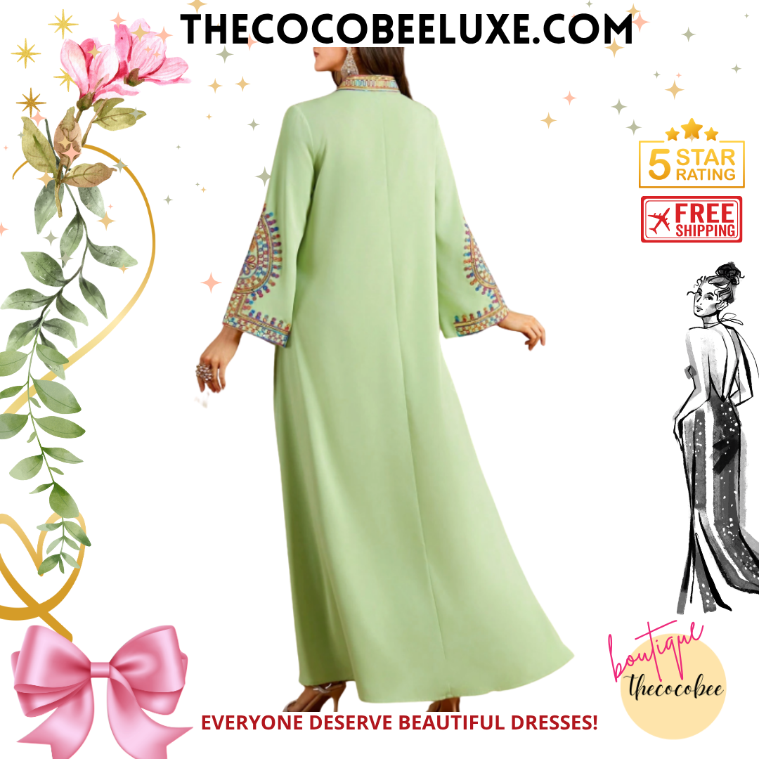 #143 Green Vintage V-Neck Sequins Embroidery Rope Tie Long Sleeve Dress, Arabic Style For Spring/Summer