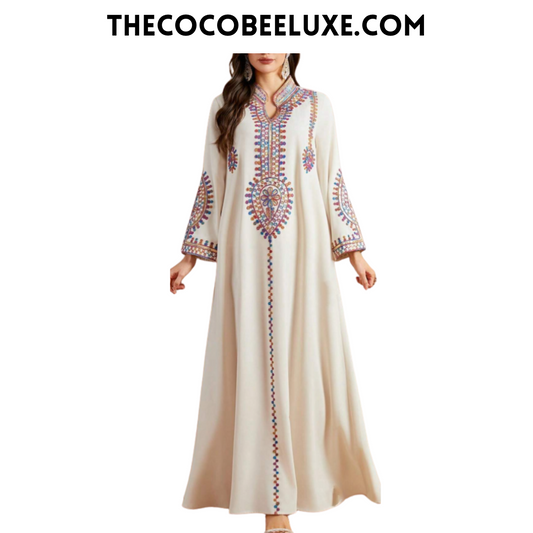 #143 Apricot Vintage Floral Embroidery Sequins Drawstring V-Neck Long Sleeve Long Dress, Spring/Summer