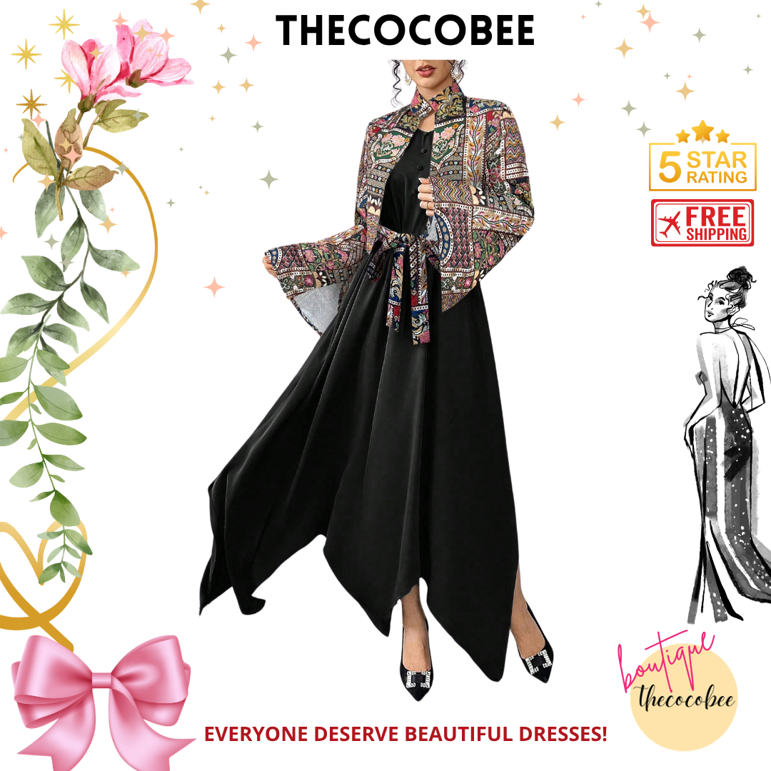#144 Black Asymmetrical Hem Belted Dress & Graphic Print Jacket Arabian Style Set