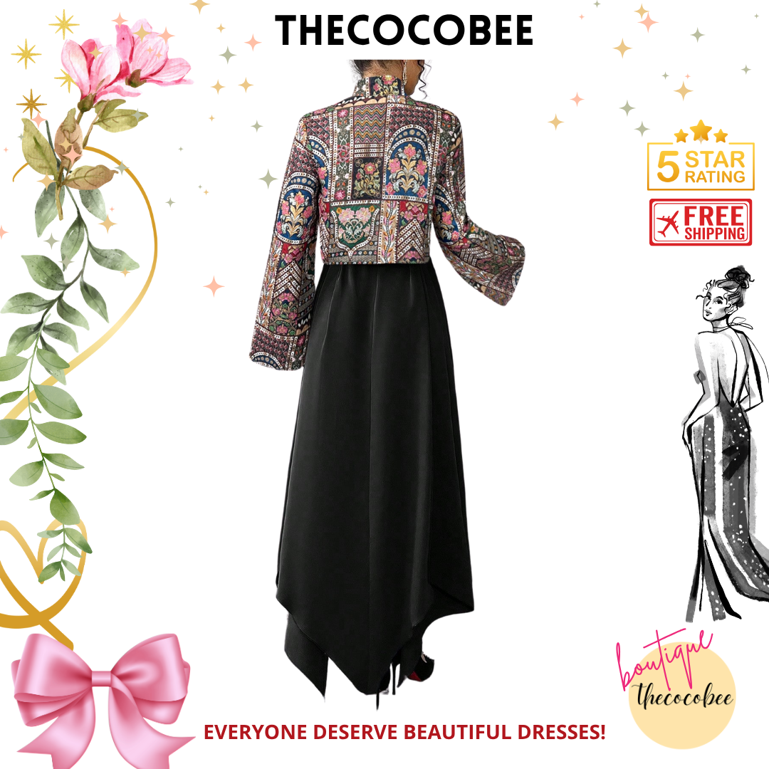 #144 Black Asymmetrical Hem Belted Dress & Graphic Print Jacket Arabian Style Set