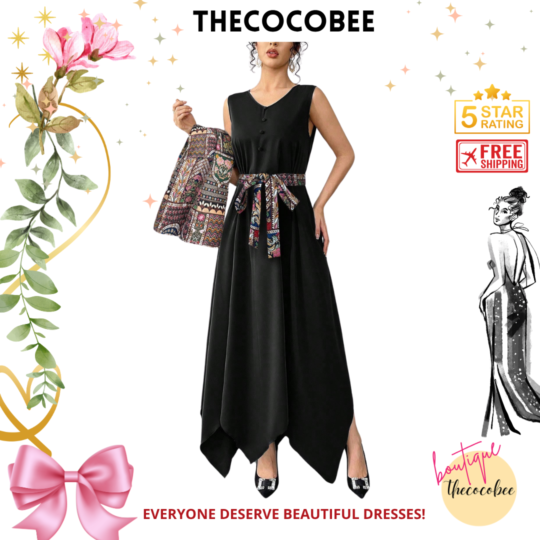 #144 Black Asymmetrical Hem Belted Dress & Graphic Print Jacket Arabian Style Set