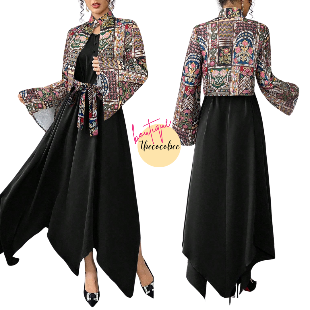 #144 Black Asymmetrical Hem Belted Dress & Graphic Print Jacket Arabian Style Set