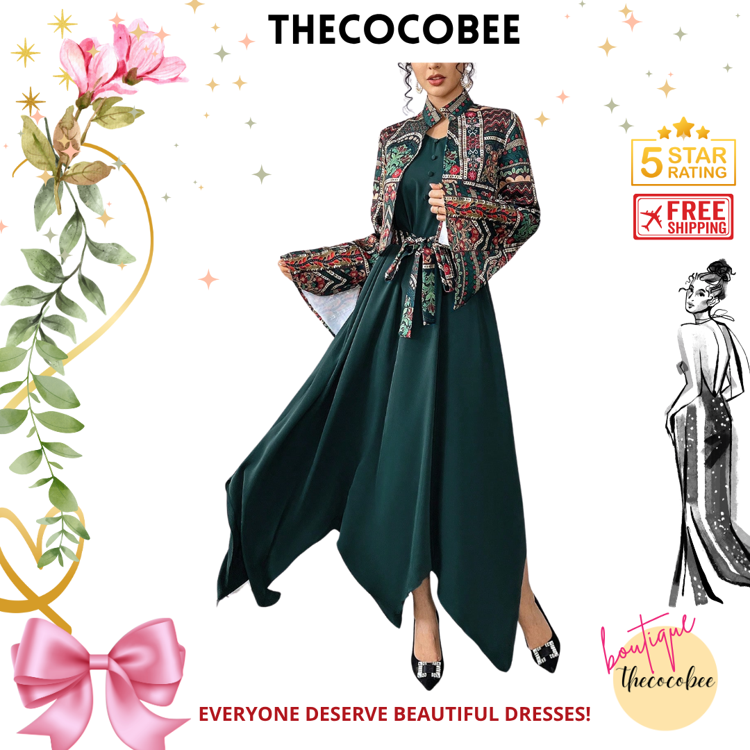 #144 Green Front Tie Long Sleeve Printed Casual Jacket And Mini Dress Arabic Outfit Set