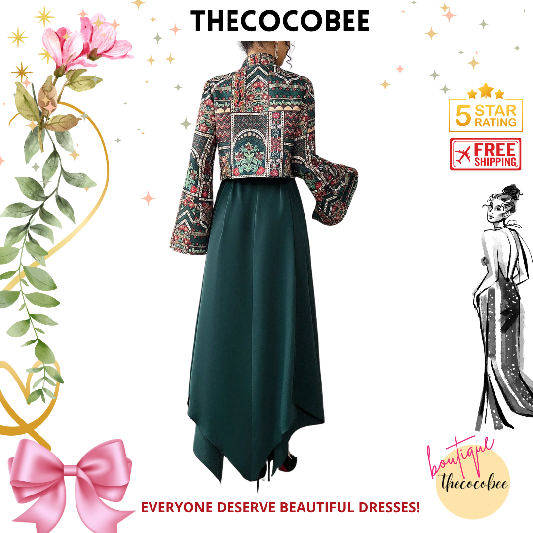 #144 Green Front Tie Long Sleeve Printed Casual Jacket And Mini Dress Arabic Outfit Set