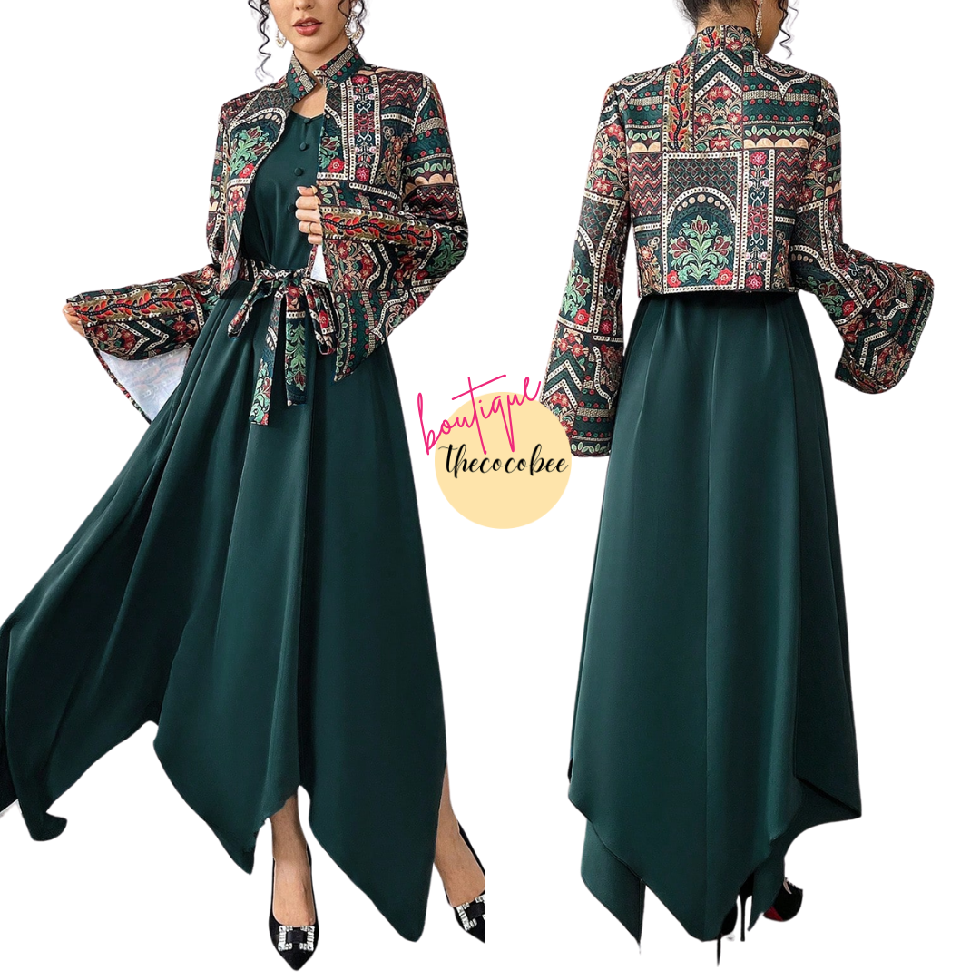 #144 Green Front Tie Long Sleeve Printed Casual Jacket And Mini Dress Arabic Outfit Set