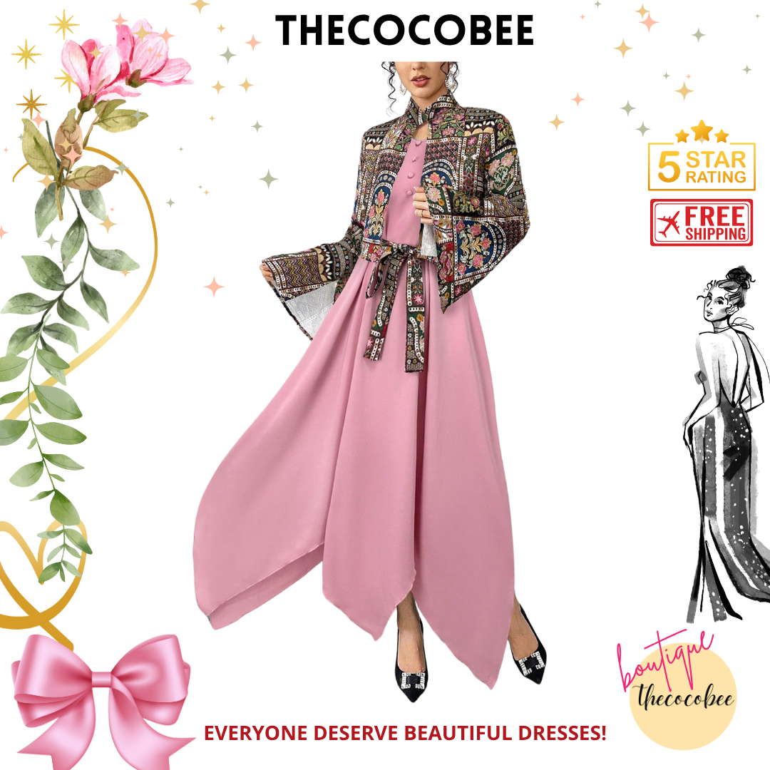 #144 Pink Floral Print Long Sleeve Jacket & Dress Arab Style Set