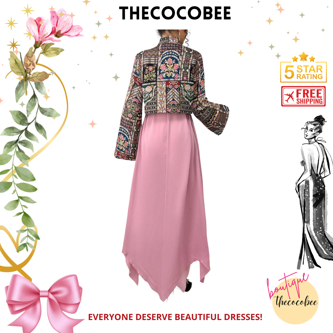 #144 Pink Floral Print Long Sleeve Jacket & Dress Arab Style Set