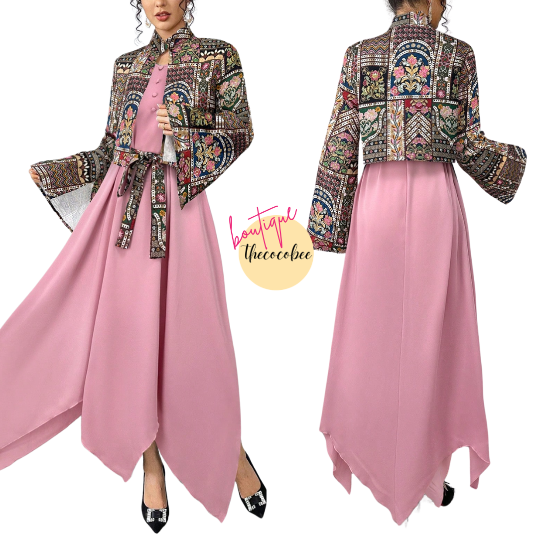 #144 Pink Floral Print Long Sleeve Jacket & Dress Arab Style Set