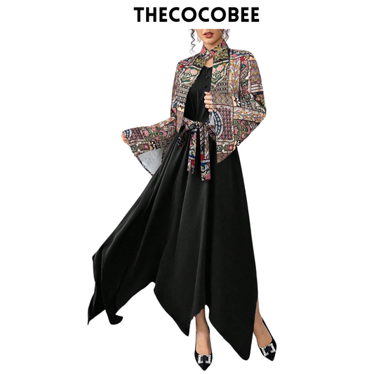#144 Black Asymmetrical Hem Belted Dress & Graphic Print Jacket Arabian Style Set