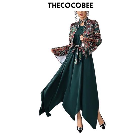 #144 Green Front Tie Long Sleeve Printed Casual Jacket And Mini Dress Arabic Outfit Set