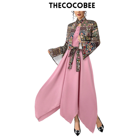 #144 Pink Floral Print Long Sleeve Jacket & Dress Arab Style Set