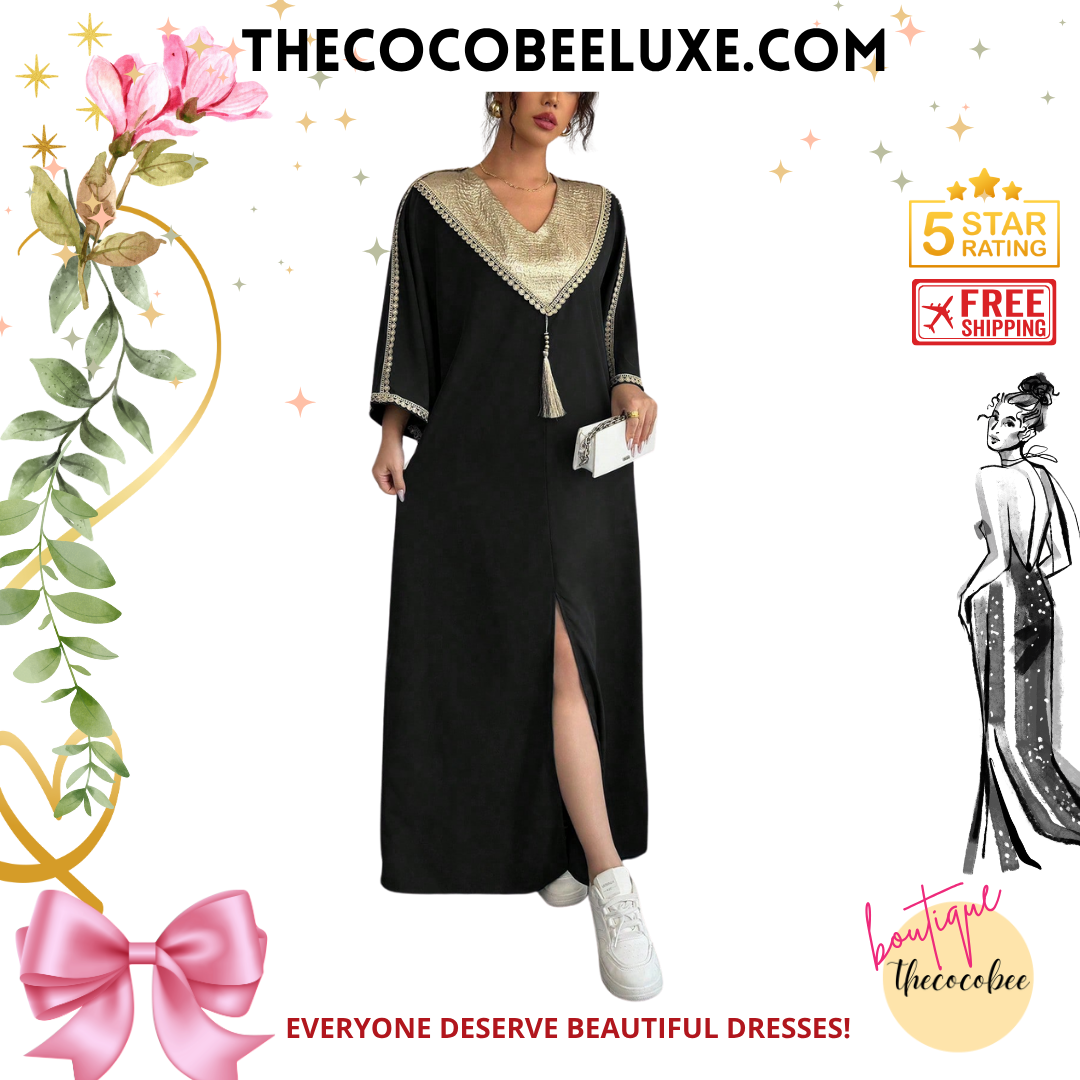 #145 Black Extra Long Retro Style Patchwork Loose Fit Festival Robe With Pants