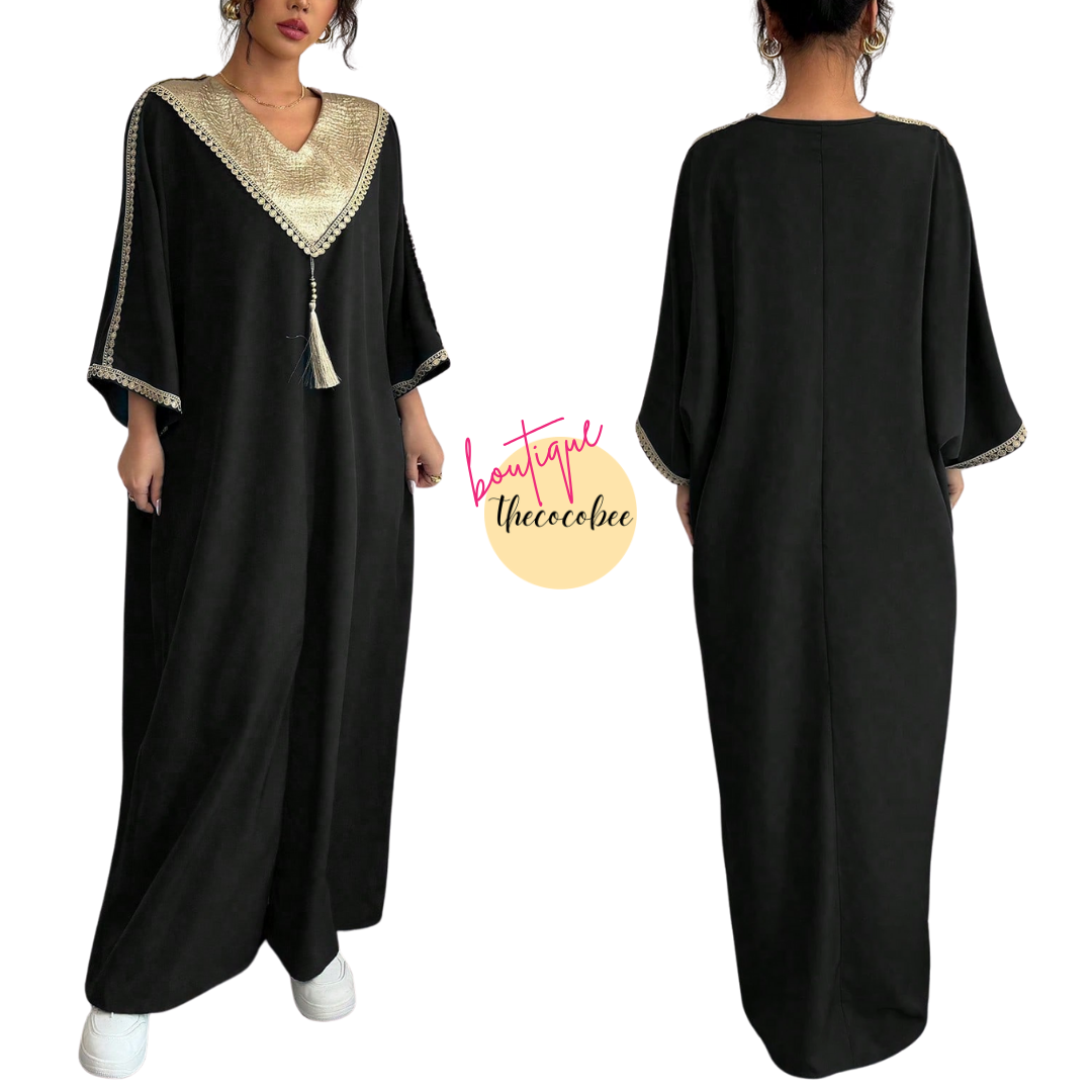 #145 Black Extra Long Retro Style Patchwork Loose Fit Festival Robe With Pants