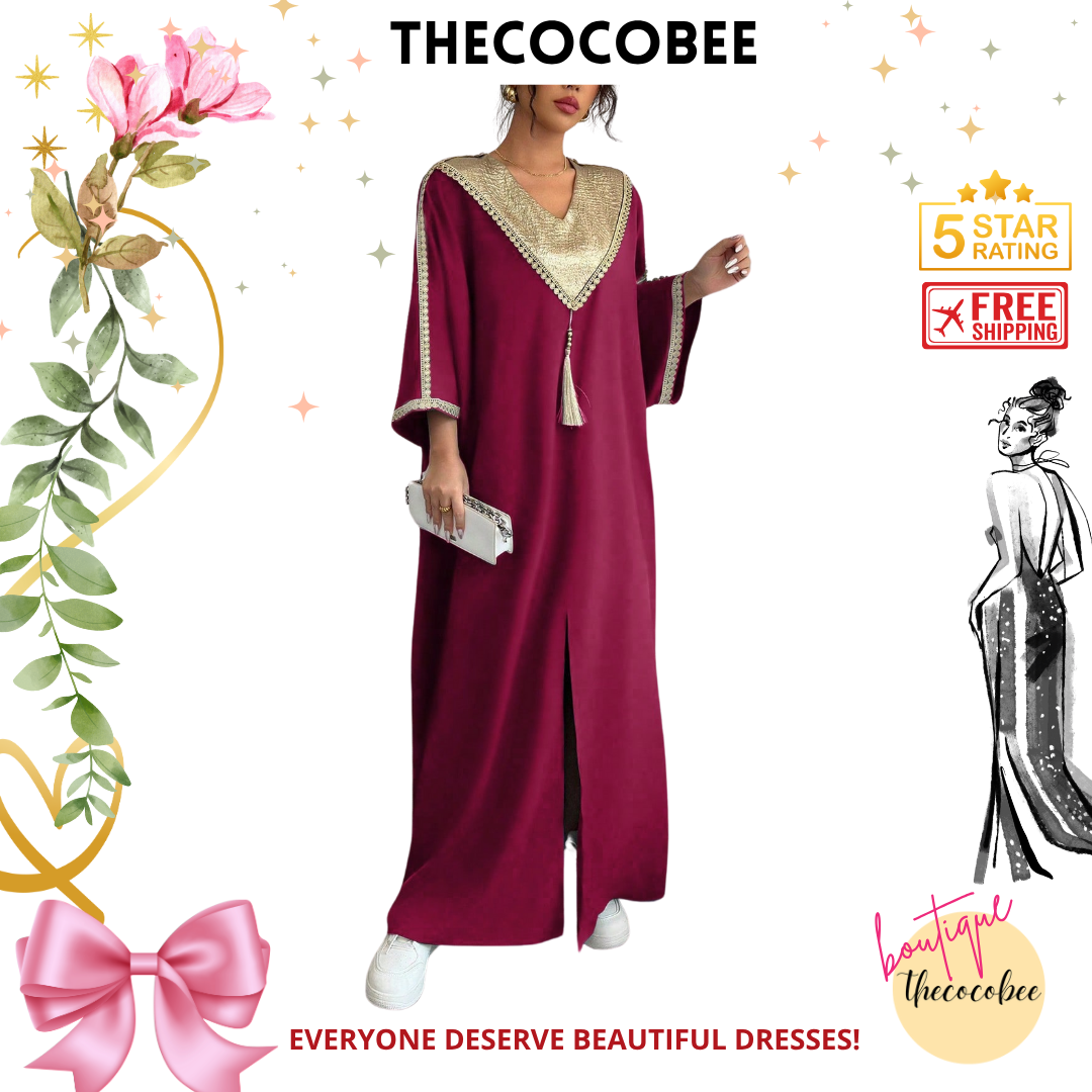 #145 Burgundy Style Patchwork Loose Holiday Robe With Pants