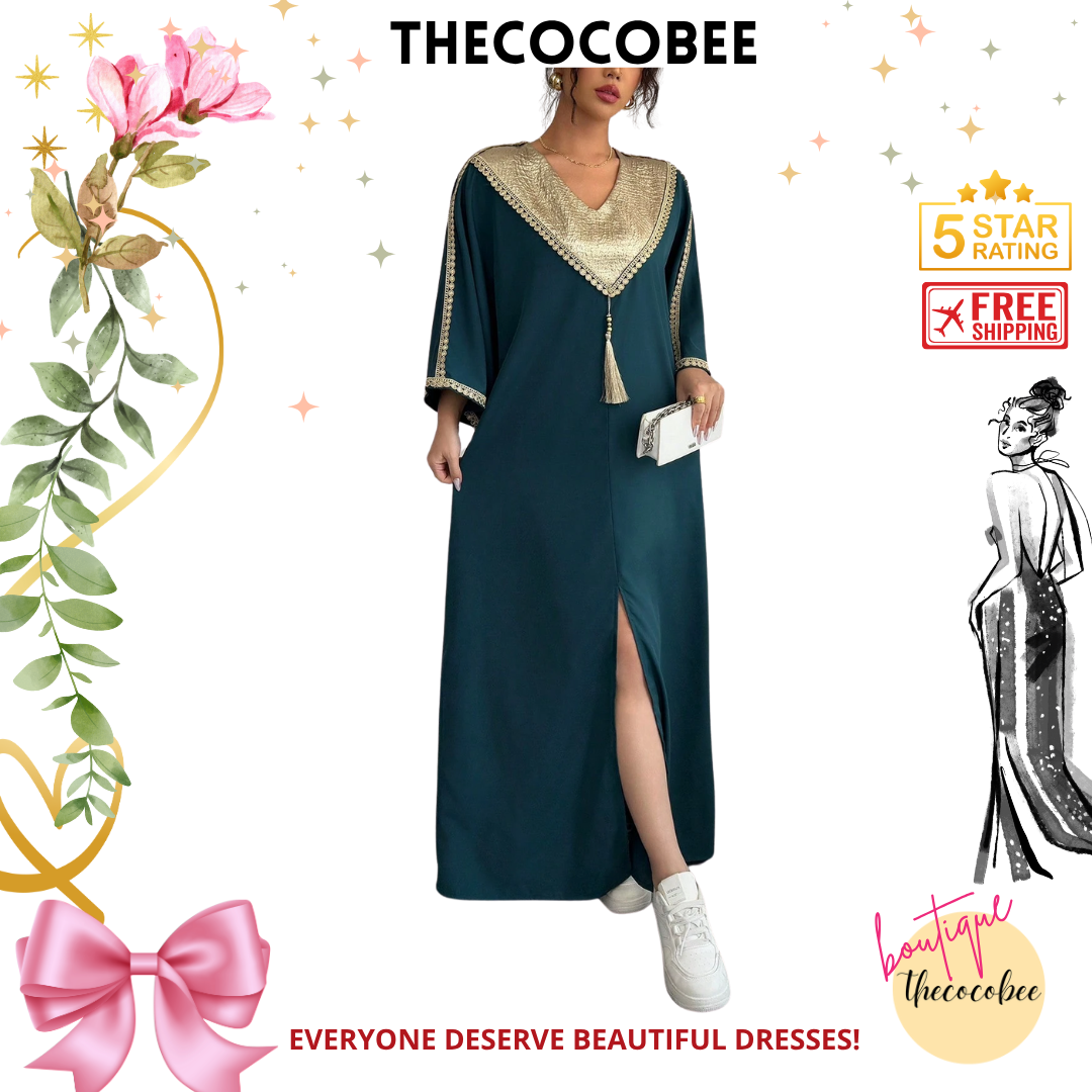 #145 Dark Green Style Patchwork Long Loose Dress & Pants Set