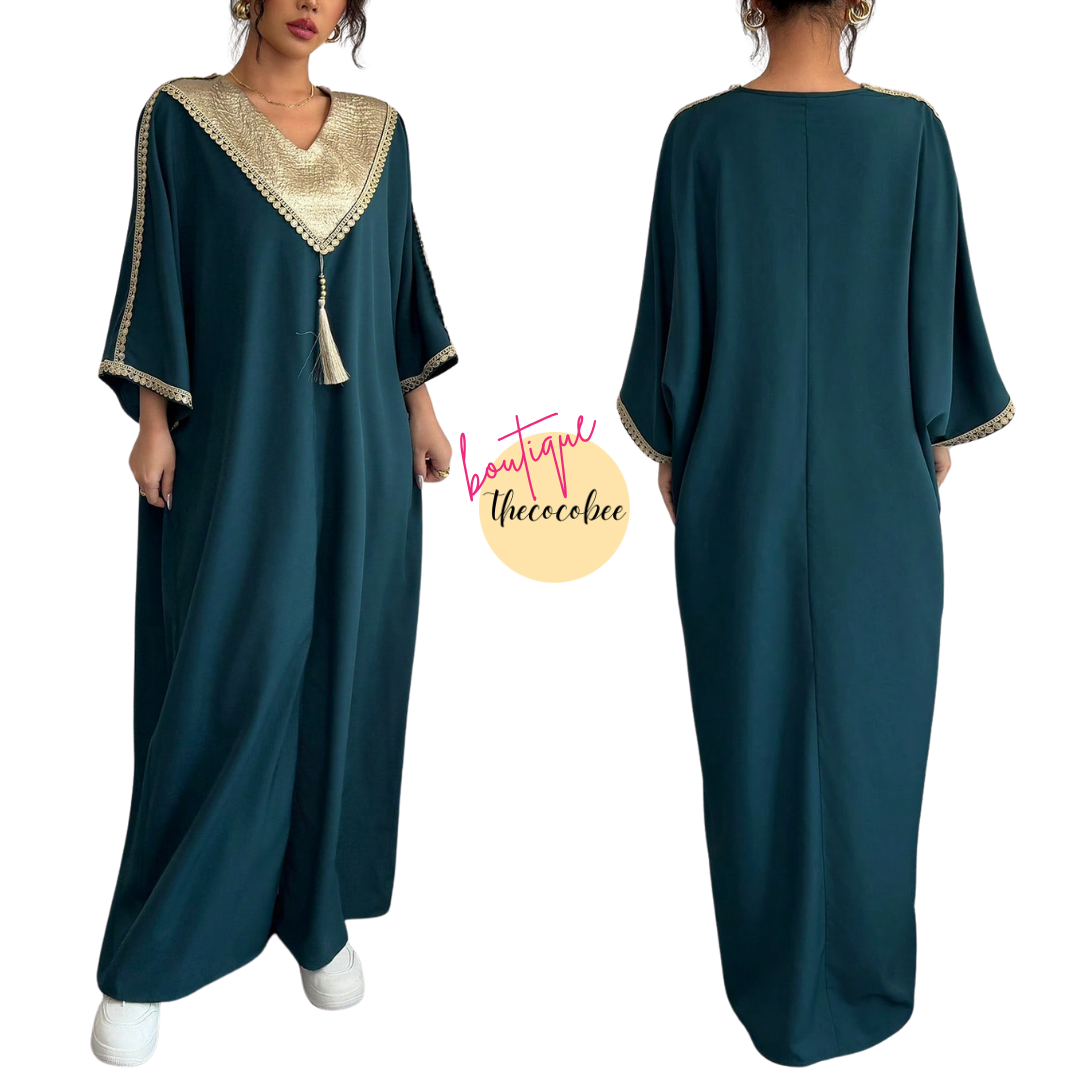 #145 Dark Green Style Patchwork Long Loose Dress & Pants Set