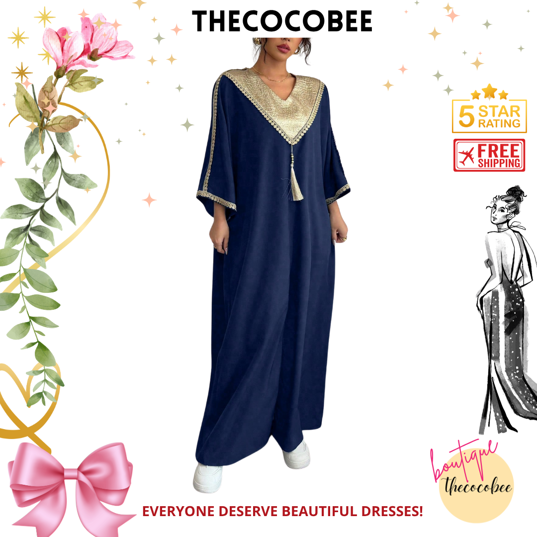 #145 Navy Blue Loose Fit Women Retro Style Patchwork Long Robe Gown With Wide Leg Pants