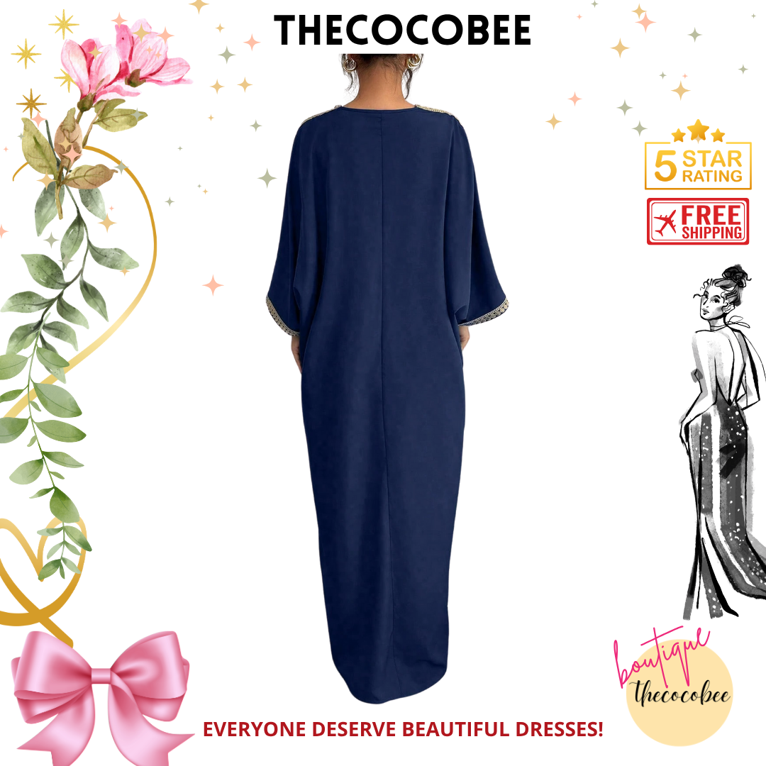 #145 Navy Blue Loose Fit Women Retro Style Patchwork Long Robe Gown With Wide Leg Pants