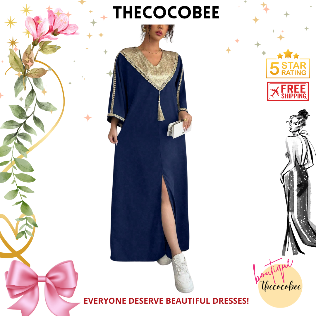 #145 Navy Blue Loose Fit Women Retro Style Patchwork Long Robe Gown With Wide Leg Pants