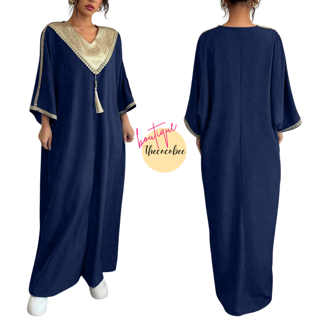 #145 Navy Blue Loose Fit Women Retro Style Patchwork Long Robe Gown With Wide Leg Pants