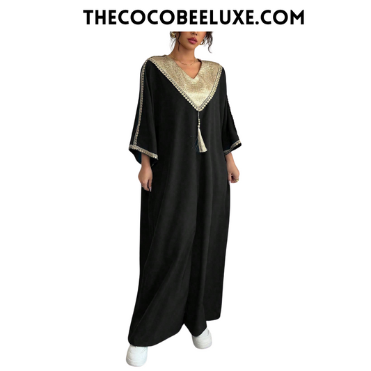 #145 Black Extra Long Retro Style Patchwork Loose Fit Festival Robe With Pants