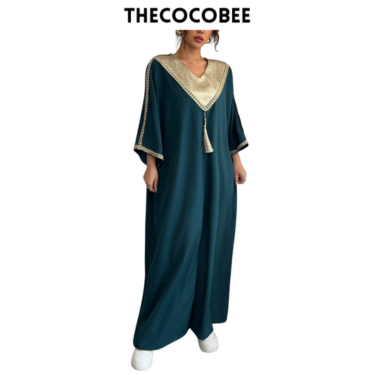 #145 Dark Green Style Patchwork Long Loose Dress & Pants Set